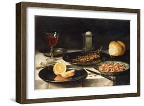 A Herring with Capers and a Sliced Orange on Plates and a Bowl of Shrimp on a Table-Clara Peeters-Framed Giclee Print