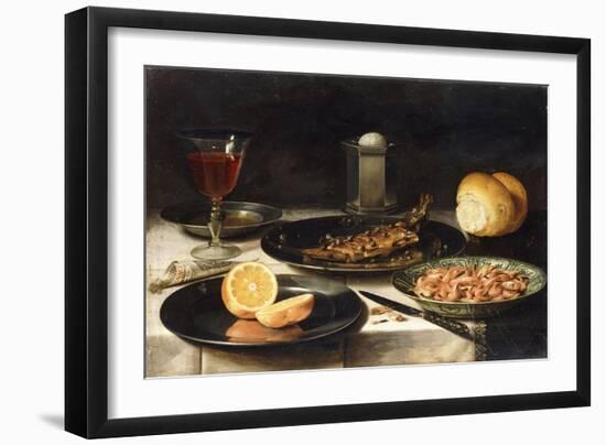 A Herring with Capers and a Sliced Orange on Plates and a Bowl of Shrimp on a Table-Clara Peeters-Framed Giclee Print