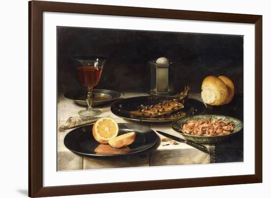 A Herring with Capers and a Sliced Orange on Plates and a Bowl of Shrimp on a Table-Clara Peeters-Framed Giclee Print