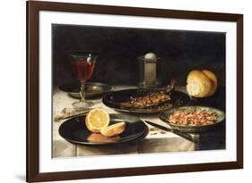 A Herring with Capers and a Sliced Orange on Plates and a Bowl of Shrimp on a Table-Clara Peeters-Framed Giclee Print