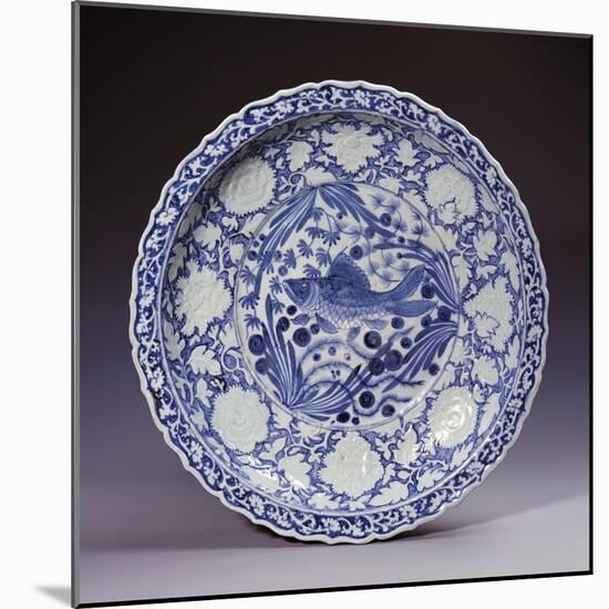 A Highly Important Yuan Blue and White Large "Fish" Dish, 14th Century-null-Mounted Giclee Print