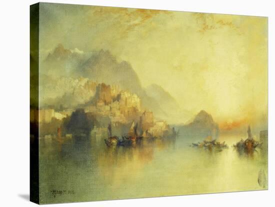 A Hillside Village at Sunset, 1918-Thomas Moran-Stretched Canvas