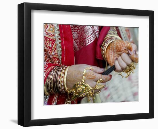 A Hindu Woman Performs Religious Rituals as She Offers Prayers to the Sun God-null-Framed Photographic Print