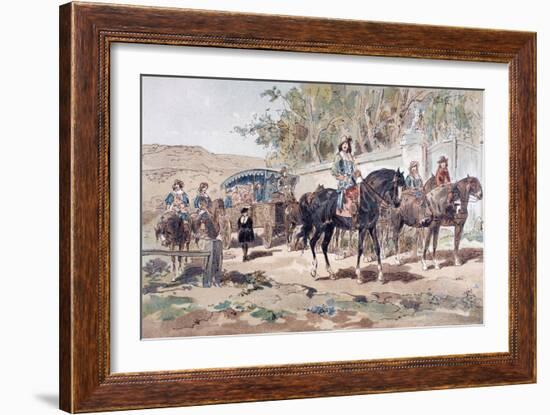 A Horse Drawn Public Diligence, or Coach, of the 17th Century with Mounted Escort, 1886-Armand Jean Heins-Framed Giclee Print