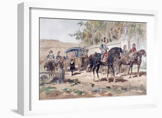 A Horse Drawn Public Diligence, or Coach, of the 17th Century with Mounted Escort, 1886-Armand Jean Heins-Framed Giclee Print