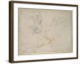 A Horseman Charging and Other Studies (Pen and Brown Ink with and over Black Chalk on Off-White Pap-Michelangelo Buonarroti-Framed Giclee Print