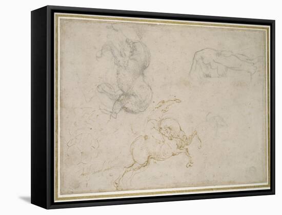 A Horseman Charging and Other Studies (Pen and Brown Ink with and over Black Chalk on Off-White Pap-Michelangelo Buonarroti-Framed Stretched Canvas