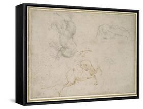 A Horseman Charging and Other Studies (Pen and Brown Ink with and over Black Chalk on Off-White Pap-Michelangelo Buonarroti-Framed Stretched Canvas