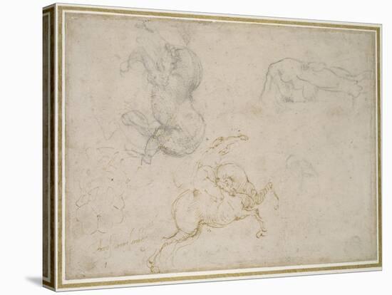 A Horseman Charging and Other Studies (Pen and Brown Ink with and over Black Chalk on Off-White Pap-Michelangelo Buonarroti-Stretched Canvas