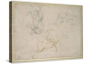 A Horseman Charging and Other Studies (Pen and Brown Ink with and over Black Chalk on Off-White Pap-Michelangelo Buonarroti-Stretched Canvas