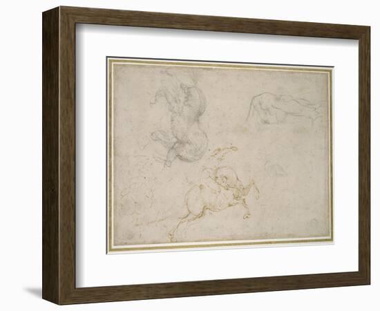 A Horseman Charging and Other Studies (Pen and Brown Ink with and over Black Chalk on Off-White Pap-Michelangelo Buonarroti-Framed Giclee Print