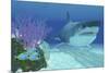 A Huge Megalodon Shark Swimming in Clear Ocean Waters-null-Mounted Art Print