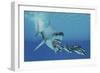 A Huge Megalodon Shark Swims after a Pod of Striped Dolphins-null-Framed Premium Giclee Print