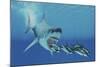 A Huge Megalodon Shark Swims after a Pod of Striped Dolphins-null-Mounted Art Print