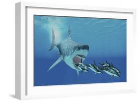 A Huge Megalodon Shark Swims after a Pod of Striped Dolphins-null-Framed Art Print