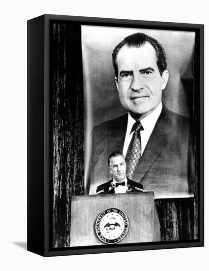 A Huge Portrait of President Nixon Dominates the Scene-null-Framed Stretched Canvas