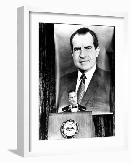 A Huge Portrait of President Nixon Dominates the Scene-null-Framed Photo