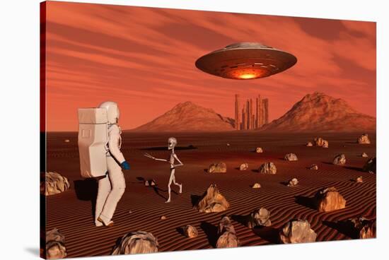 A Human Astronaut Making Contact with a Grey Alien on the Surface of Mars-null-Stretched Canvas