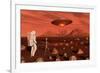 A Human Astronaut Making Contact with a Grey Alien on the Surface of Mars-null-Framed Art Print