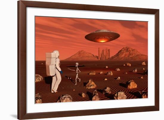 A Human Astronaut Making Contact with a Grey Alien on the Surface of Mars-null-Framed Art Print