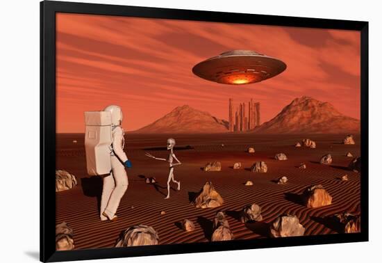 A Human Astronaut Making Contact with a Grey Alien on the Surface of Mars-null-Framed Art Print