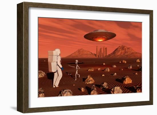 A Human Astronaut Making Contact with a Grey Alien on the Surface of Mars-null-Framed Art Print