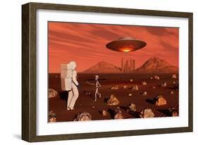 A Human Astronaut Making Contact with a Grey Alien on the Surface of Mars-null-Framed Art Print