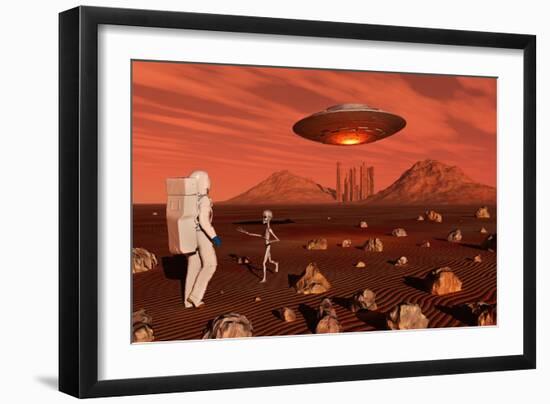 A Human Astronaut Making Contact with a Grey Alien on the Surface of Mars-null-Framed Art Print