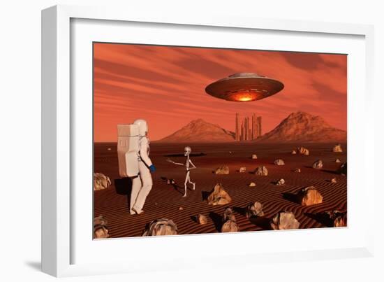 A Human Astronaut Making Contact with a Grey Alien on the Surface of Mars-null-Framed Art Print