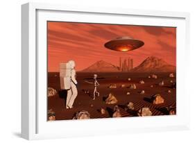 A Human Astronaut Making Contact with a Grey Alien on the Surface of Mars-null-Framed Art Print