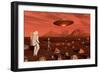 A Human Astronaut Making Contact with a Grey Alien on the Surface of Mars-null-Framed Premium Giclee Print