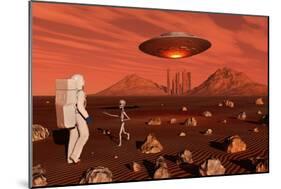 A Human Astronaut Making Contact with a Grey Alien on the Surface of Mars-null-Mounted Premium Giclee Print