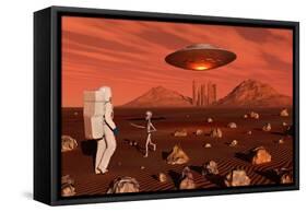A Human Astronaut Making Contact with a Grey Alien on the Surface of Mars-null-Framed Stretched Canvas