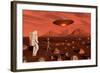 A Human Astronaut Making Contact with a Grey Alien on the Surface of Mars-null-Framed Art Print