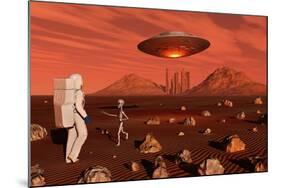 A Human Astronaut Making Contact with a Grey Alien on the Surface of Mars-null-Mounted Art Print