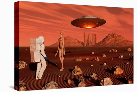 A Human Astronaut Making Contact with a Reptoid Alien on the Surface of Mars-null-Stretched Canvas