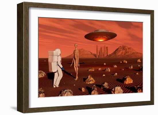 A Human Astronaut Making Contact with a Reptoid Alien on the Surface of Mars-null-Framed Art Print
