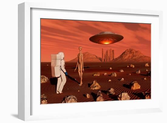 A Human Astronaut Making Contact with a Reptoid Alien on the Surface of Mars-null-Framed Art Print