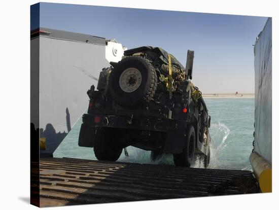 A Humvee Drives Down the Ramp of a Landing Craft Utility-Stocktrek Images-Stretched Canvas