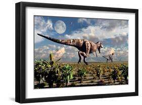 A Hungry Tyrannosaurus Rex Chasing a Small Group of Parasaurolophus-Stocktrek Images-Framed Art Print