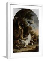 A Hunters Bag Near a Tree Stump with a Magpie, known as the Contemplative Magpie-Melchior d'Hondecoeter-Framed Art Print