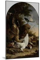 A Hunters Bag Near a Tree Stump with a Magpie, known as the Contemplative Magpie-Melchior d'Hondecoeter-Mounted Art Print