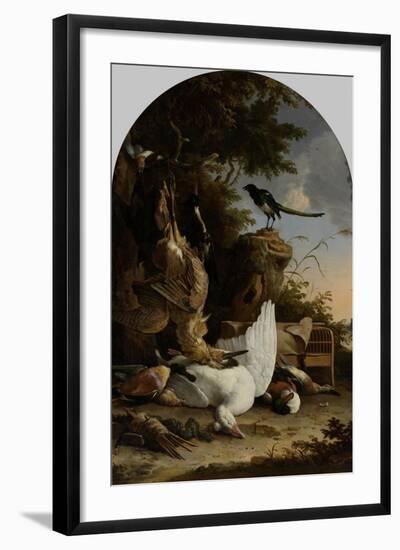 A Hunters Bag Near a Tree Stump with a Magpie, known as the Contemplative Magpie-Melchior d'Hondecoeter-Framed Art Print