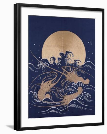 A Japanese Embroidered Textile Panel of Dark Blue Satin Depicting Three Crayfish Among Waves before-null-Framed Giclee Print