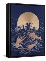 A Japanese Embroidered Textile Panel of Dark Blue Satin Depicting Three Crayfish Among Waves before-null-Framed Stretched Canvas