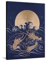 A Japanese Embroidered Textile Panel of Dark Blue Satin Depicting Three Crayfish Among Waves before-null-Stretched Canvas