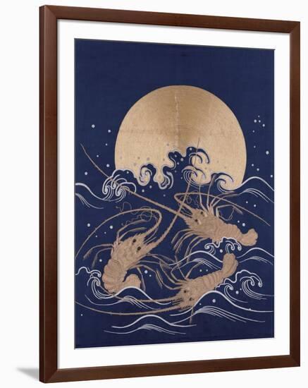 A Japanese Embroidered Textile Panel of Dark Blue Satin Depicting Three Crayfish Among Waves before-null-Framed Giclee Print