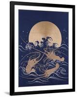 A Japanese Embroidered Textile Panel of Dark Blue Satin Depicting Three Crayfish Among Waves before-null-Framed Giclee Print