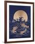 A Japanese Embroidered Textile Panel of Dark Blue Satin Depicting Three Crayfish Among Waves before-null-Framed Giclee Print