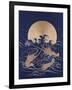 A Japanese Embroidered Textile Panel of Dark Blue Satin Depicting Three Crayfish Among Waves before-null-Framed Giclee Print